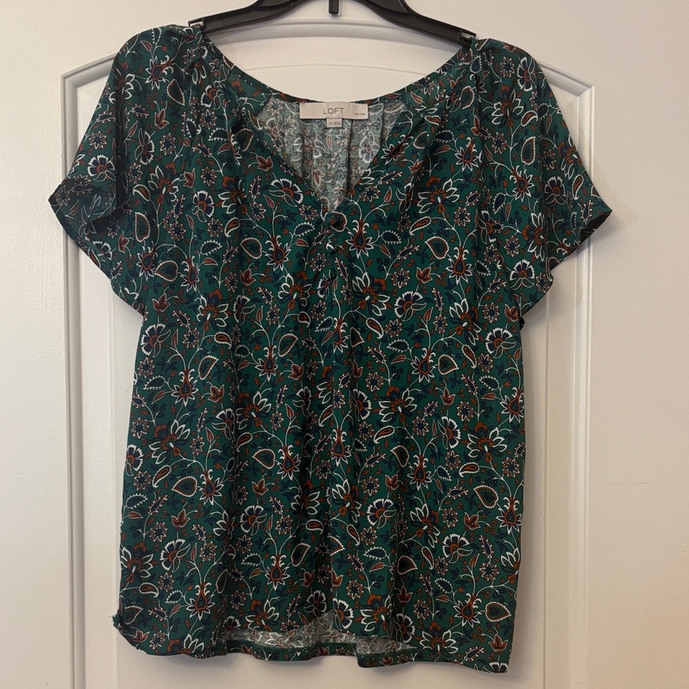 LOFT Teal Floral V-Neck Short Sleeve Blouse